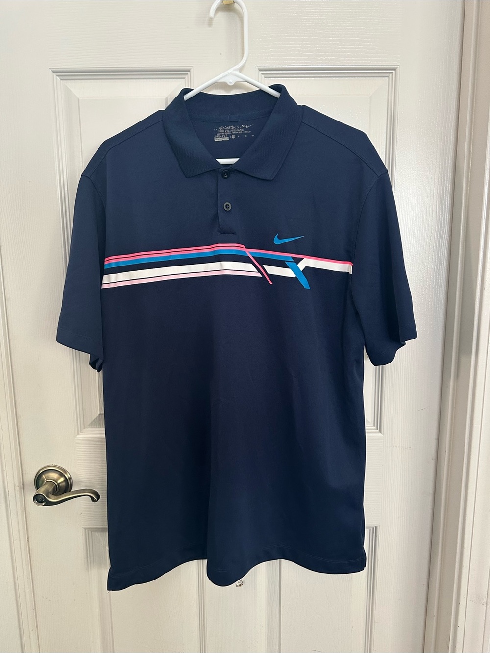 Nike Men’s Navy Polo with Pink, White & Light Blue Stripes